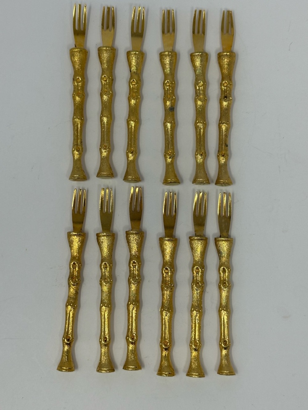 Vintage Set of 12 Gold Tone Metal Bamboo Shape Appetizer Forks P0